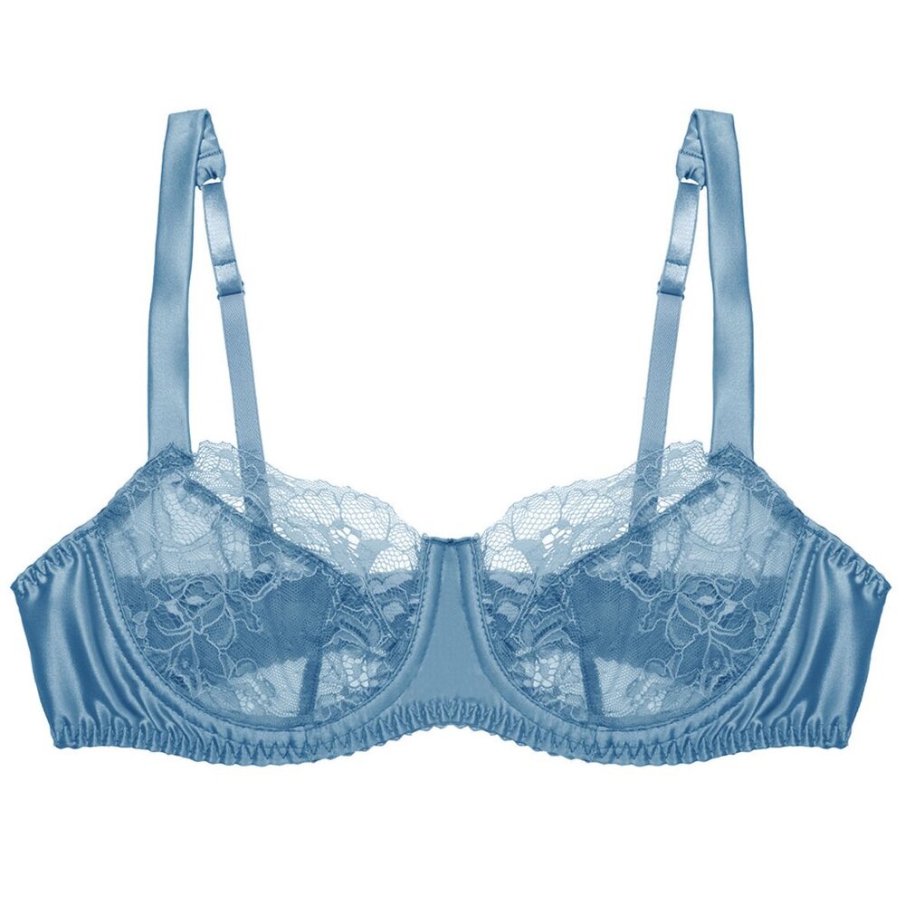 Fleur du Mal Blue Satin Lace Iris Bacony Bra 38E
